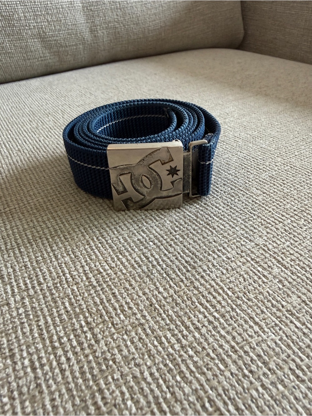 Y2K retro vintage DC shoe Navy Webbing nylon Belt Silver Brushed Logo Buckle
